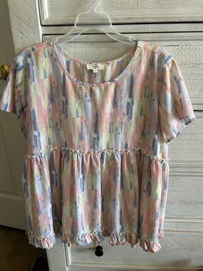 entro Pastel Brushstroke Peplum Top in Pink, Blue & Cream